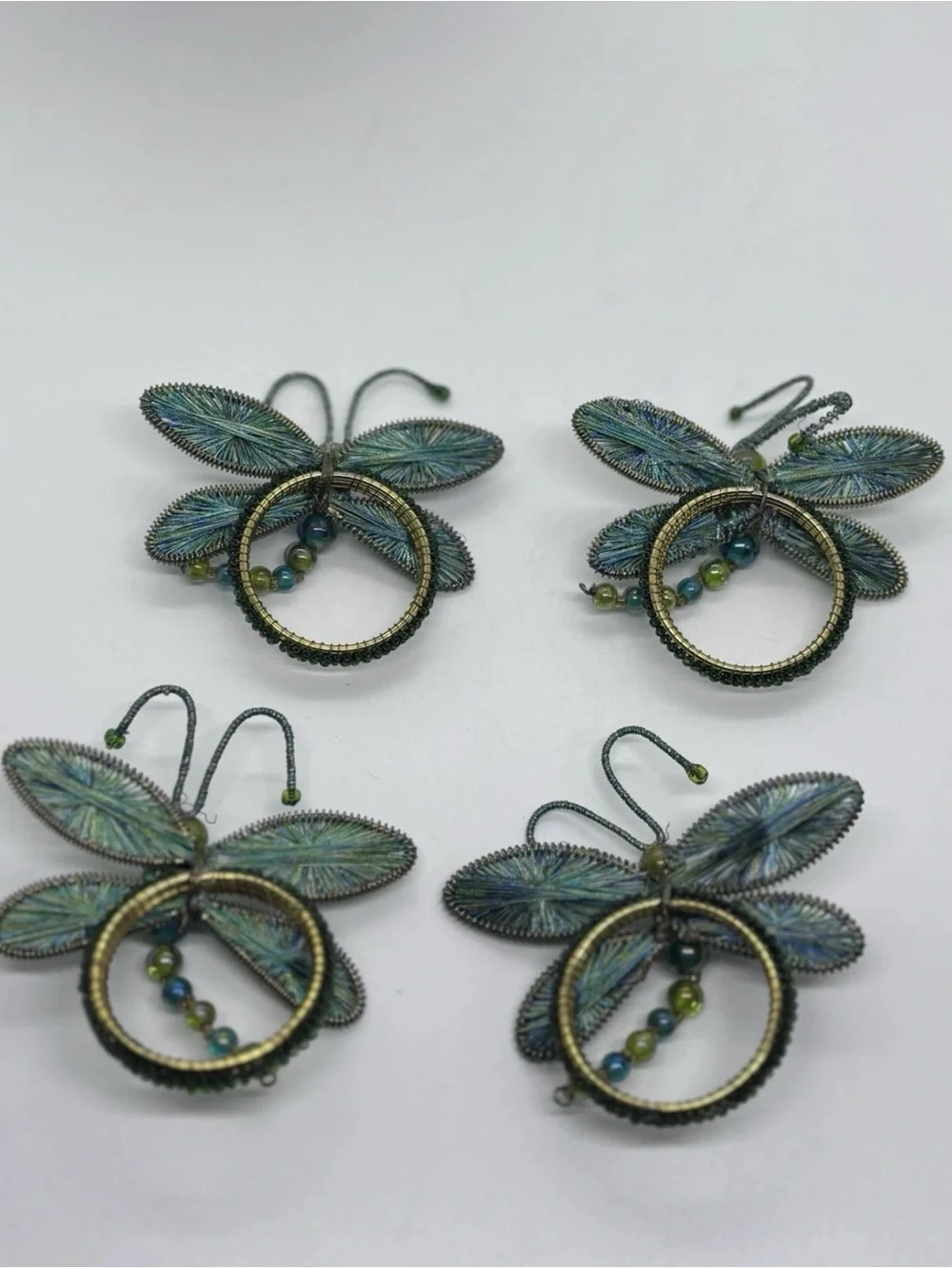 Pier 1 Set of 4 Beaded Dragonfly Napkin Rings Blue Green Wire Art Table Decor